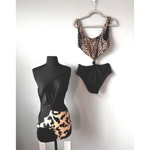Pink Lily lot‎ of 2 One Shoulder Cut Out Swimsuit Leopard Print Bathing Suit new